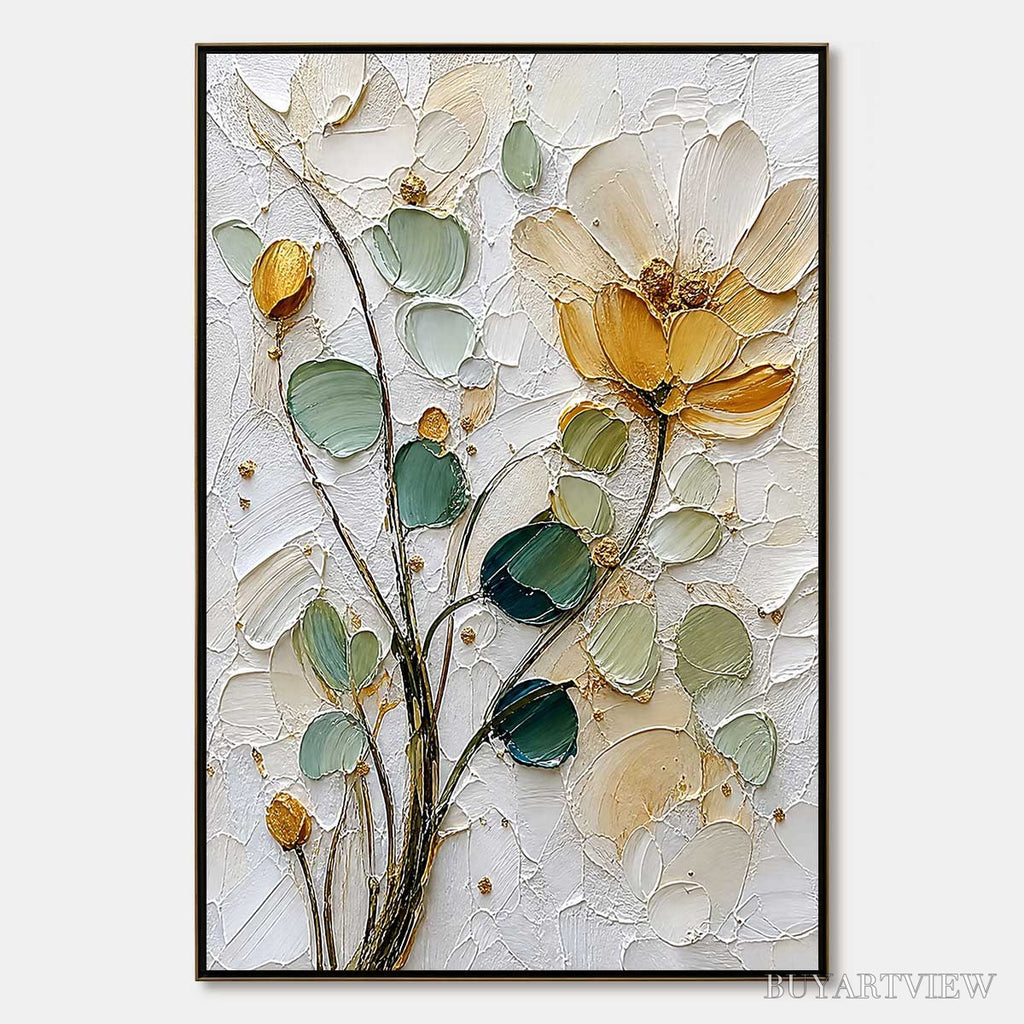 ARTOVITAS Golden Whisper – Textured Floral Impasto Painting with Gold Leaf - image 1