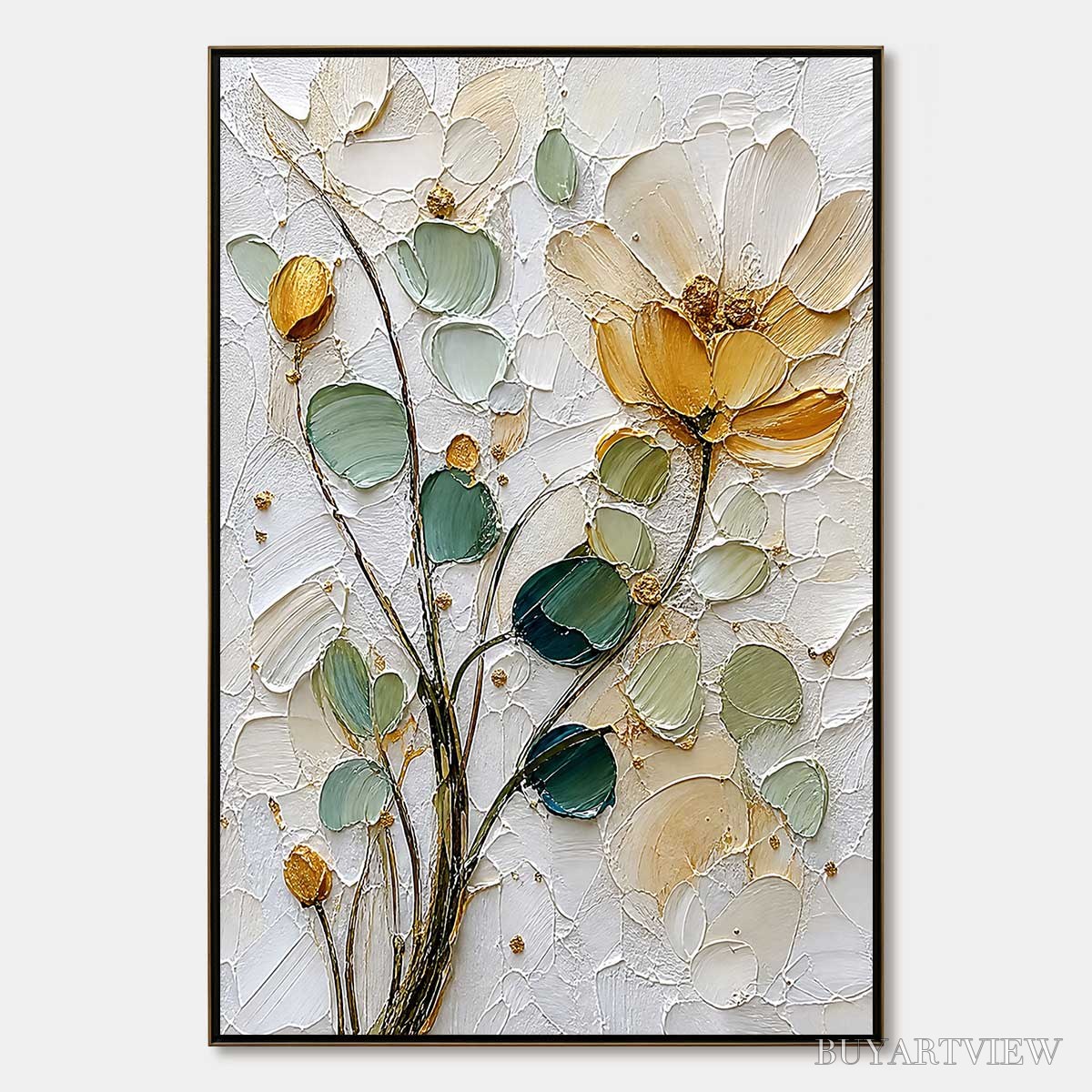 ARTOVITAS Golden Whisper – Textured Floral Impasto Painting with Gold Leaf - image 1