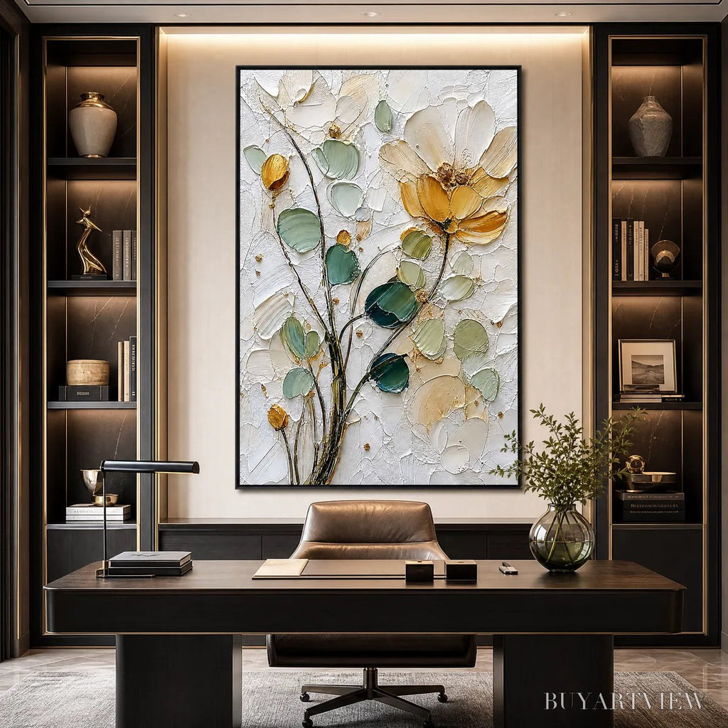 ARTOVITAS Golden Whisper – Textured Floral Impasto Painting with Gold Leaf - image 2
