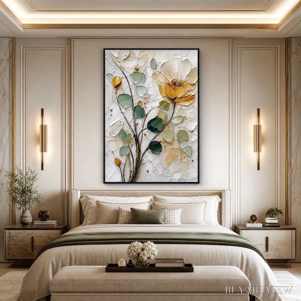 ARTOVITAS Golden Whisper – Textured Floral Impasto Painting with Gold Leaf - image 4