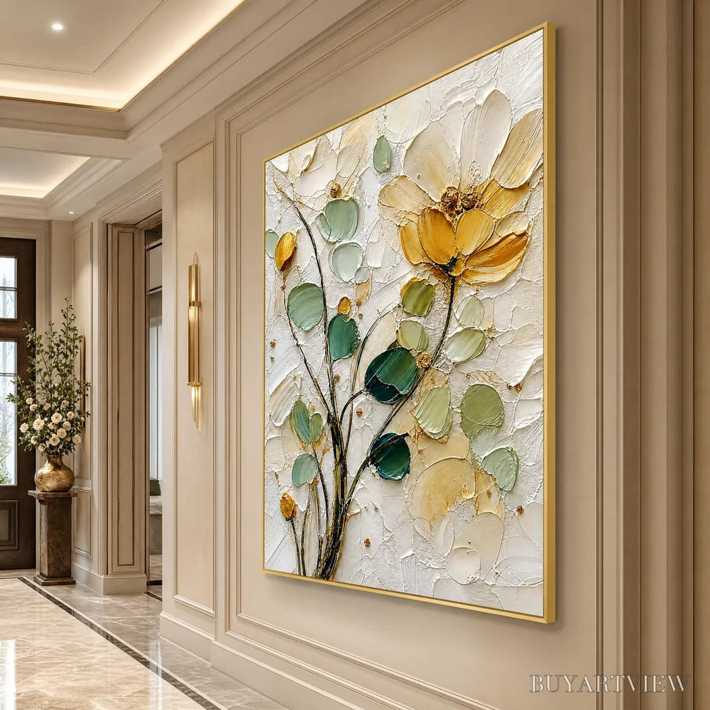 ARTOVITAS Golden Whisper – Textured Floral Impasto Painting with Gold Leaf - image 5