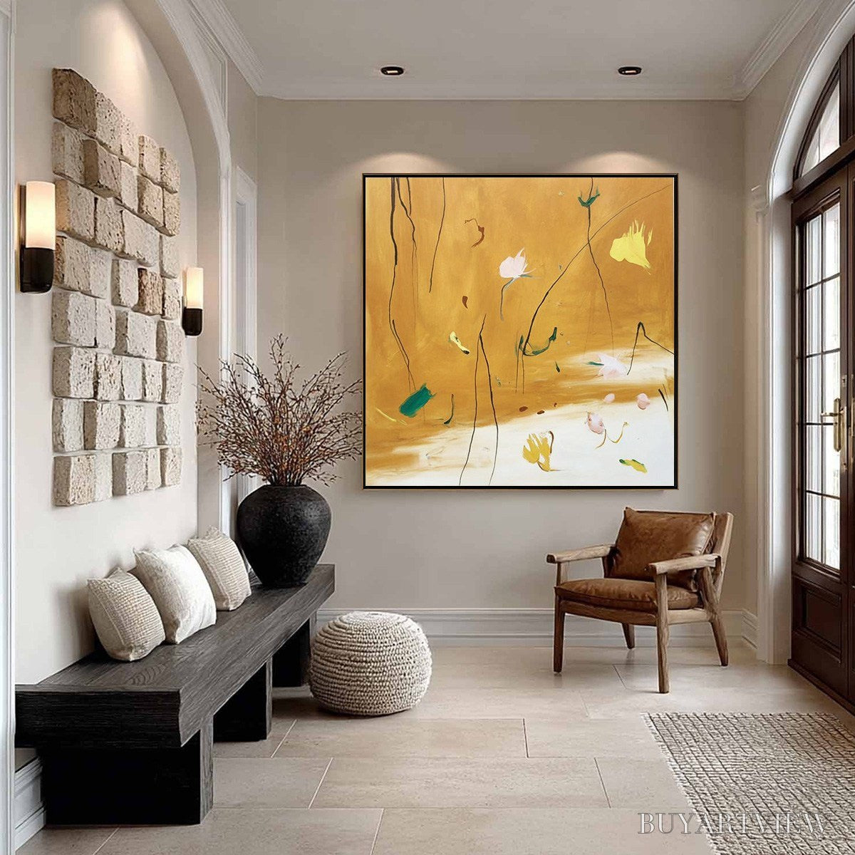 ARTOVITAS Ochre Whispers – Wabi Sabi Inspired Abstract Floral Painting - image 4