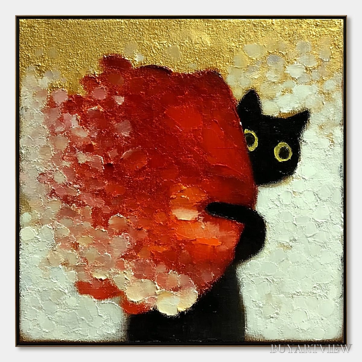 ARTOVITAS Peekaboo – Textured Impasto Black Cat and Red Flower Painting - image 1