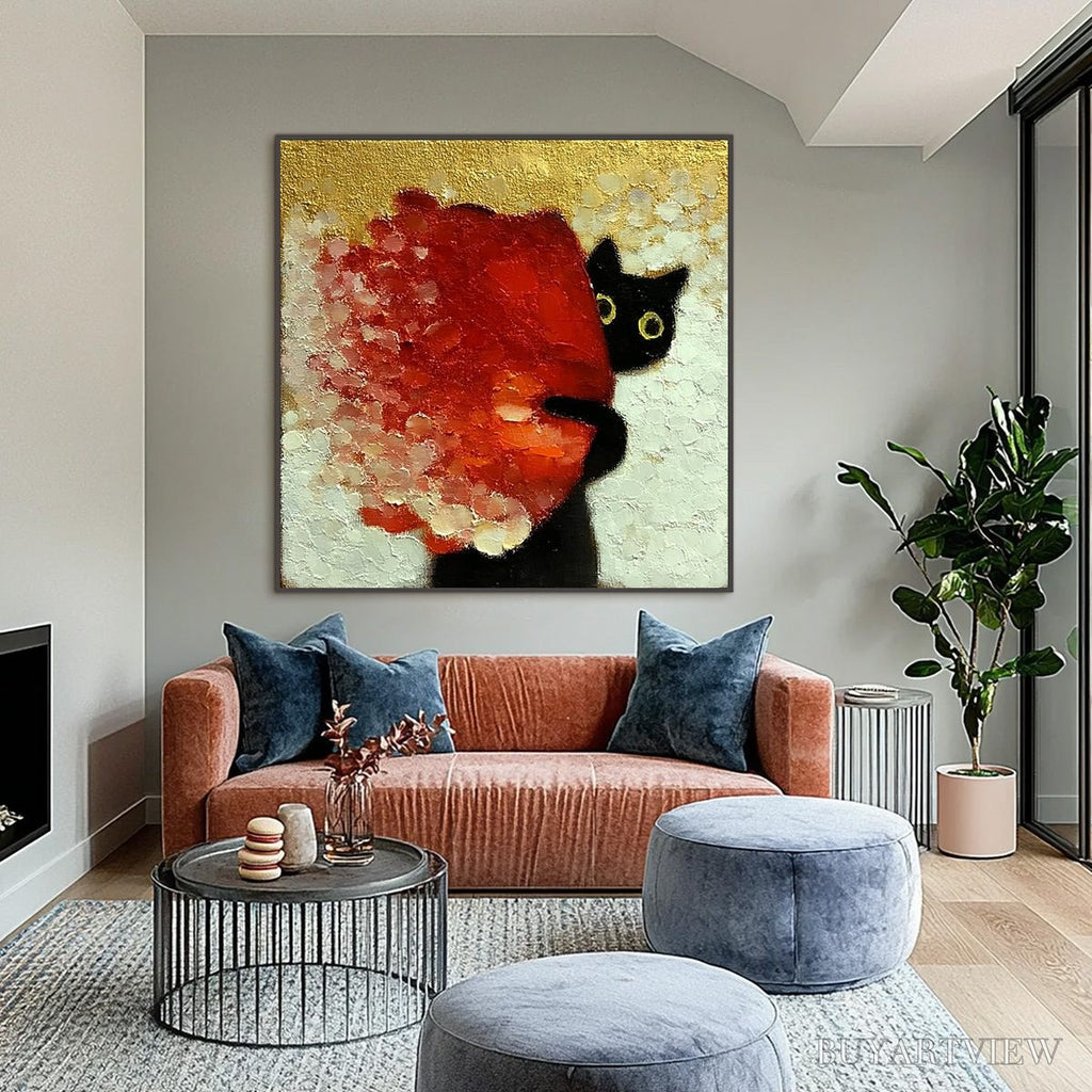ARTOVITAS Peekaboo – Textured Impasto Black Cat and Red Flower Painting - image 2