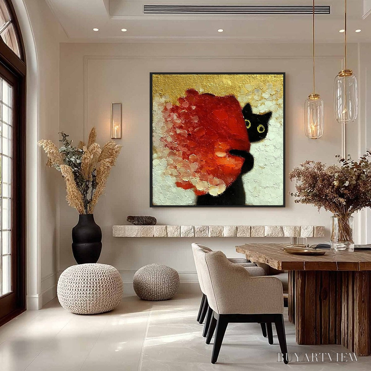 ARTOVITAS Peekaboo – Textured Impasto Black Cat and Red Flower Painting - image 4