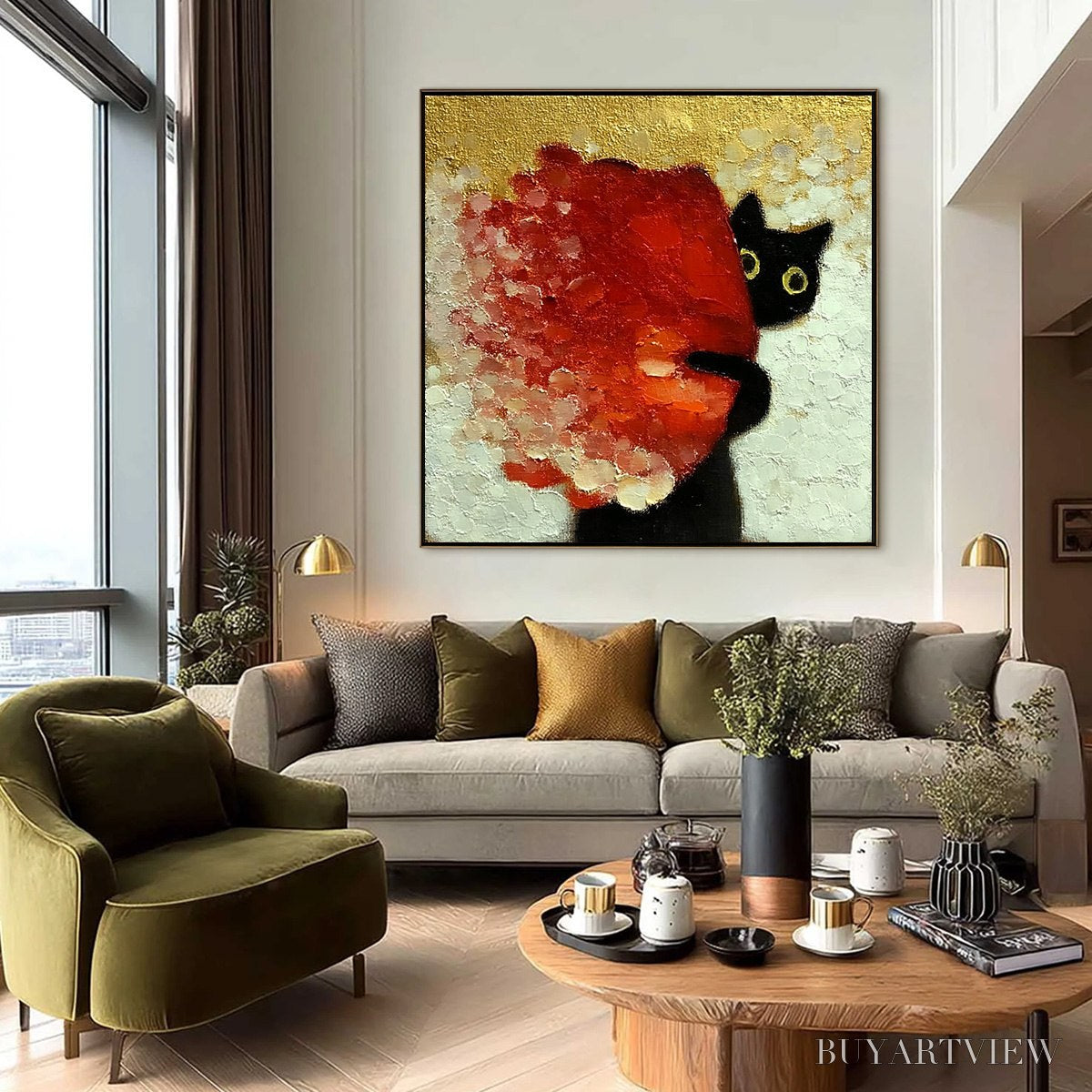 ARTOVITAS Peekaboo – Textured Impasto Black Cat and Red Flower Painting - image 6