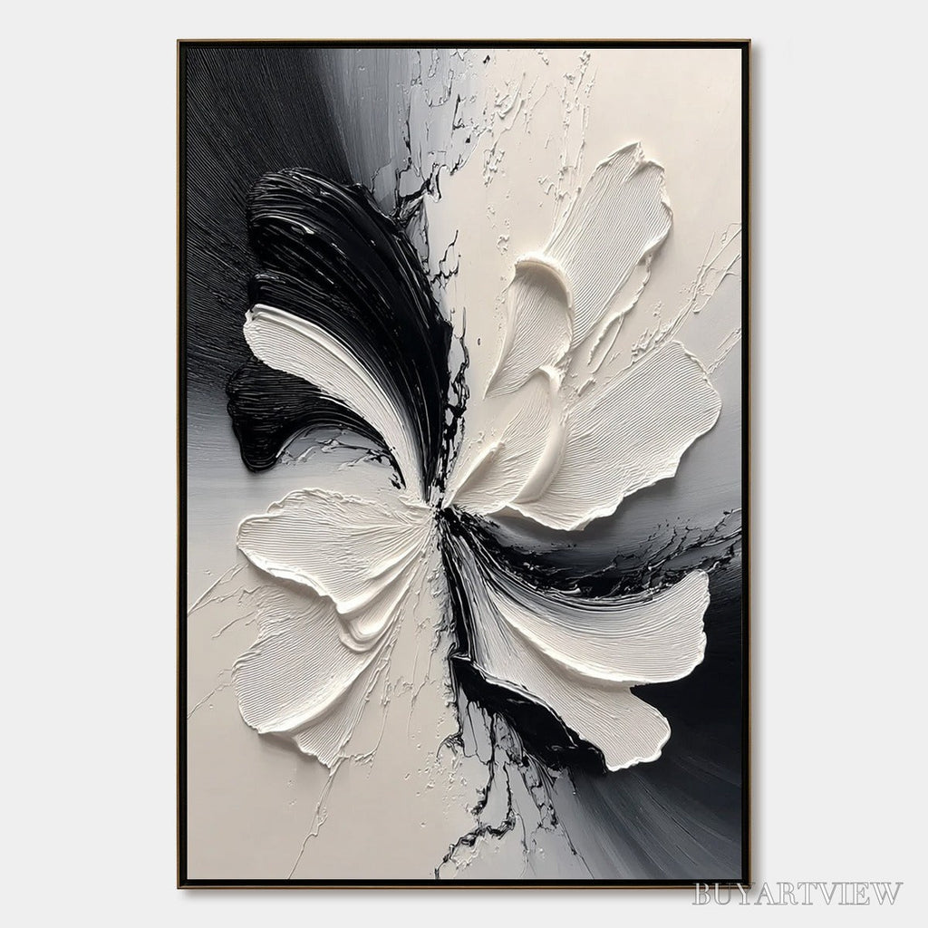 ARTOVITAS Eclipse Blossom – Textured Black and White Abstract Impasto Painting - image 1