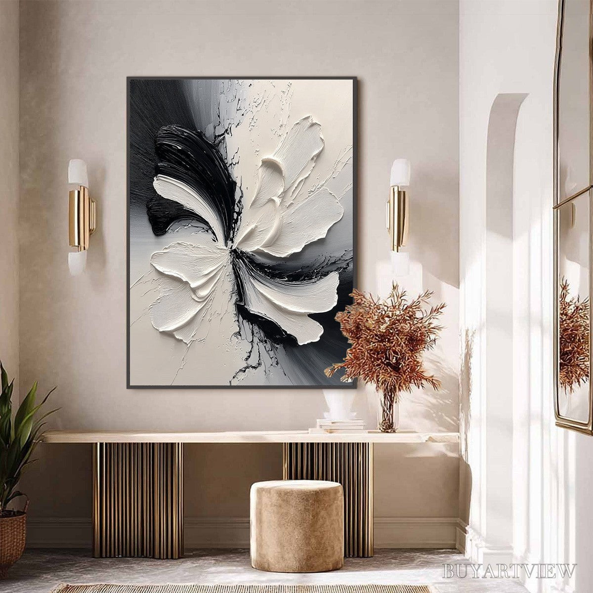 ARTOVITAS Eclipse Blossom – Textured Black and White Abstract Impasto Painting - image 2
