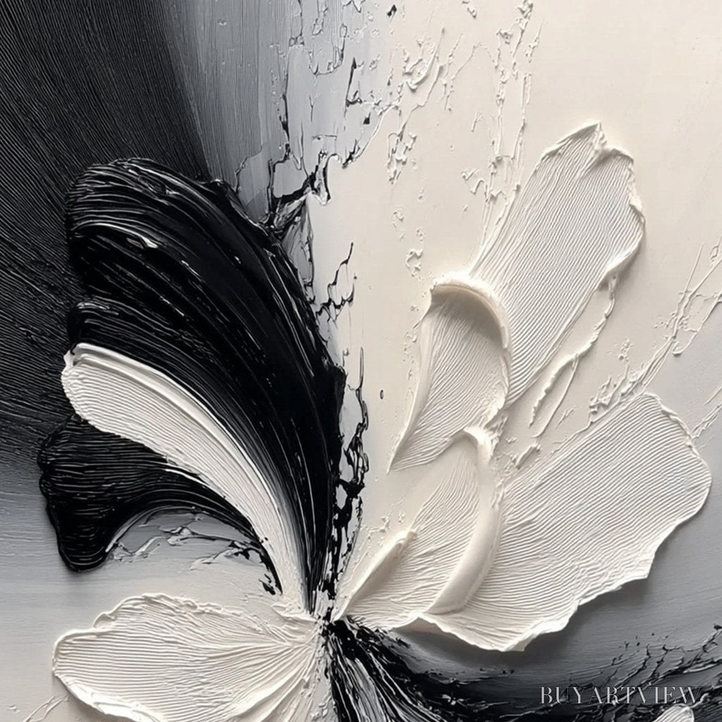 ARTOVITAS Eclipse Blossom – Textured Black and White Abstract Impasto Painting - image 3