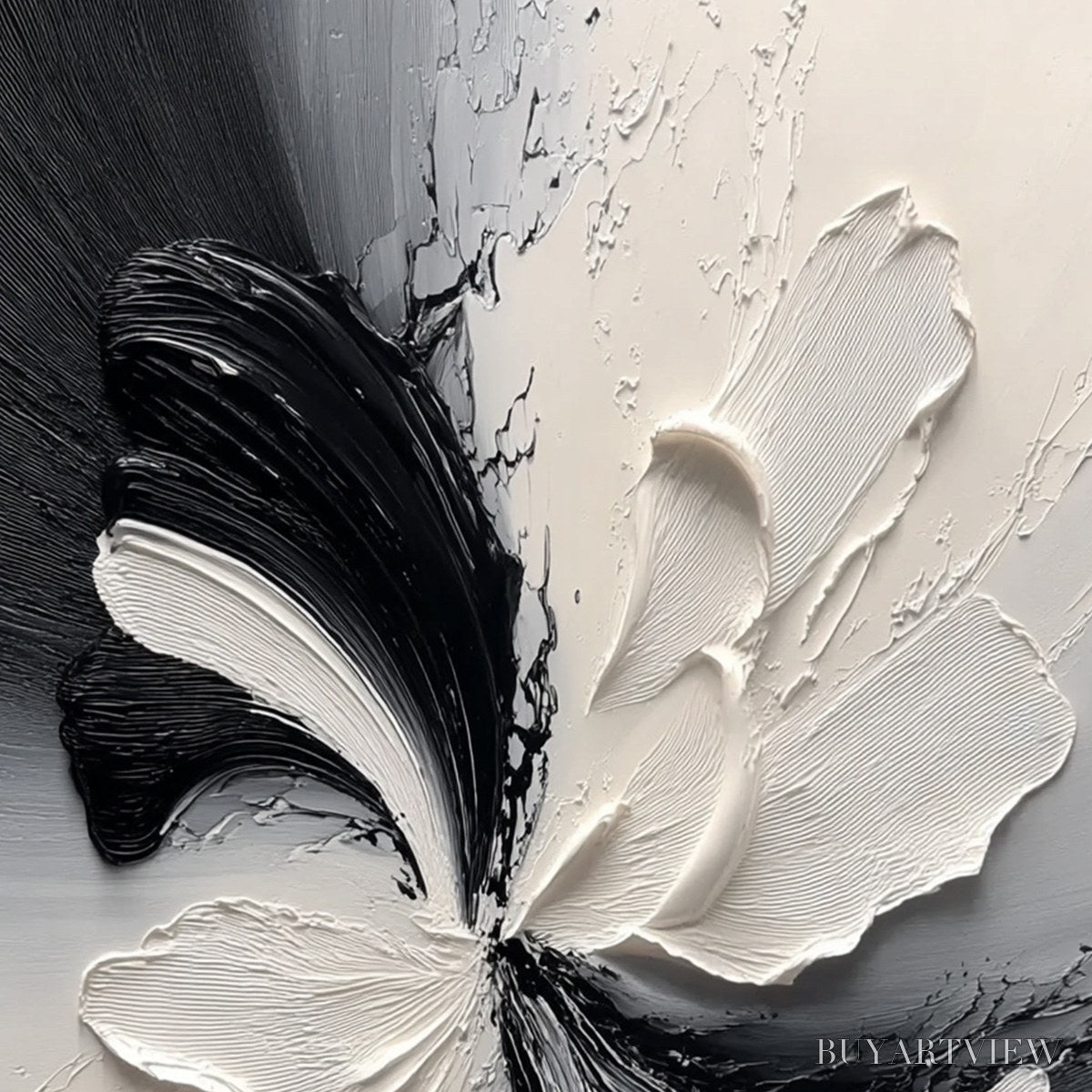 ARTOVITAS Eclipse Blossom – Textured Black and White Abstract Impasto Painting - image 3
