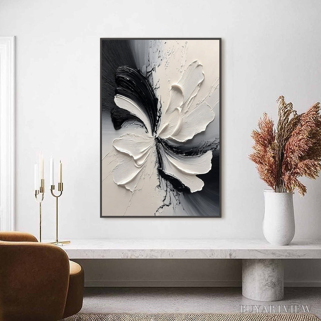ARTOVITAS Eclipse Blossom – Textured Black and White Abstract Impasto Painting - image 4