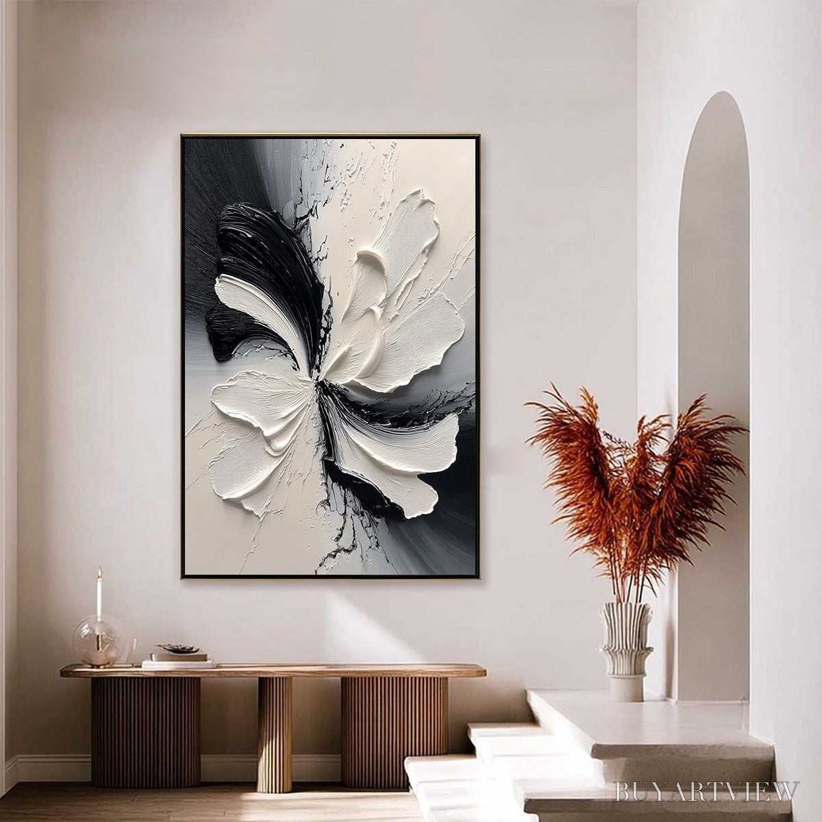 ARTOVITAS Eclipse Blossom – Textured Black and White Abstract Impasto Painting - image 6