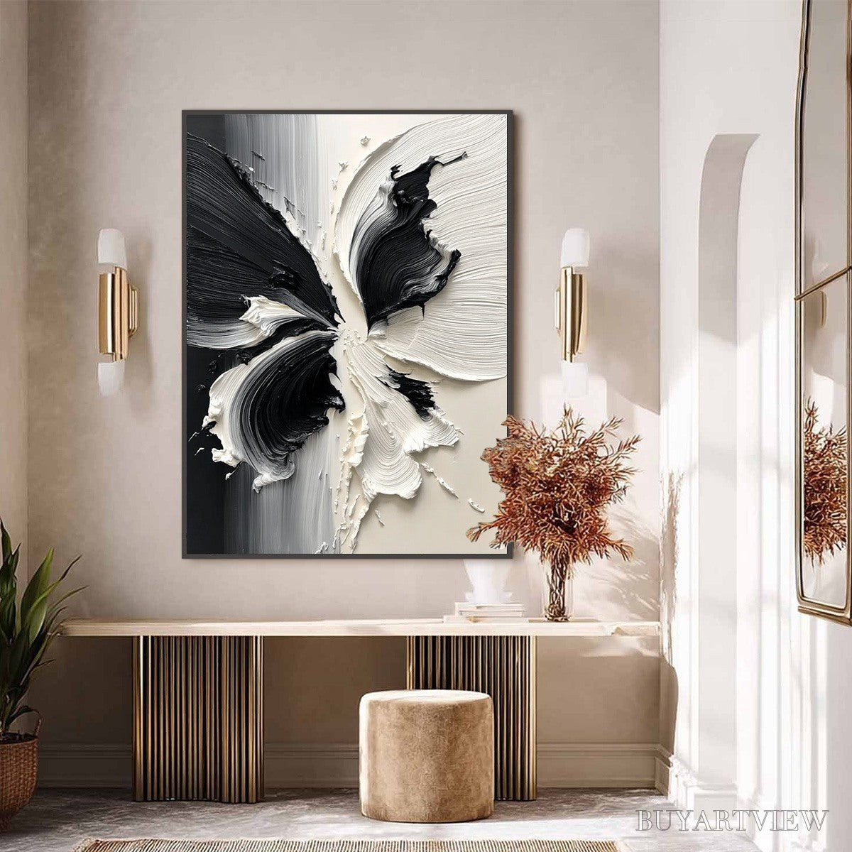 ARTOVITAS Eclosion – Black and White Wabi Sabi Textured Abstract Flower Painting - image 2