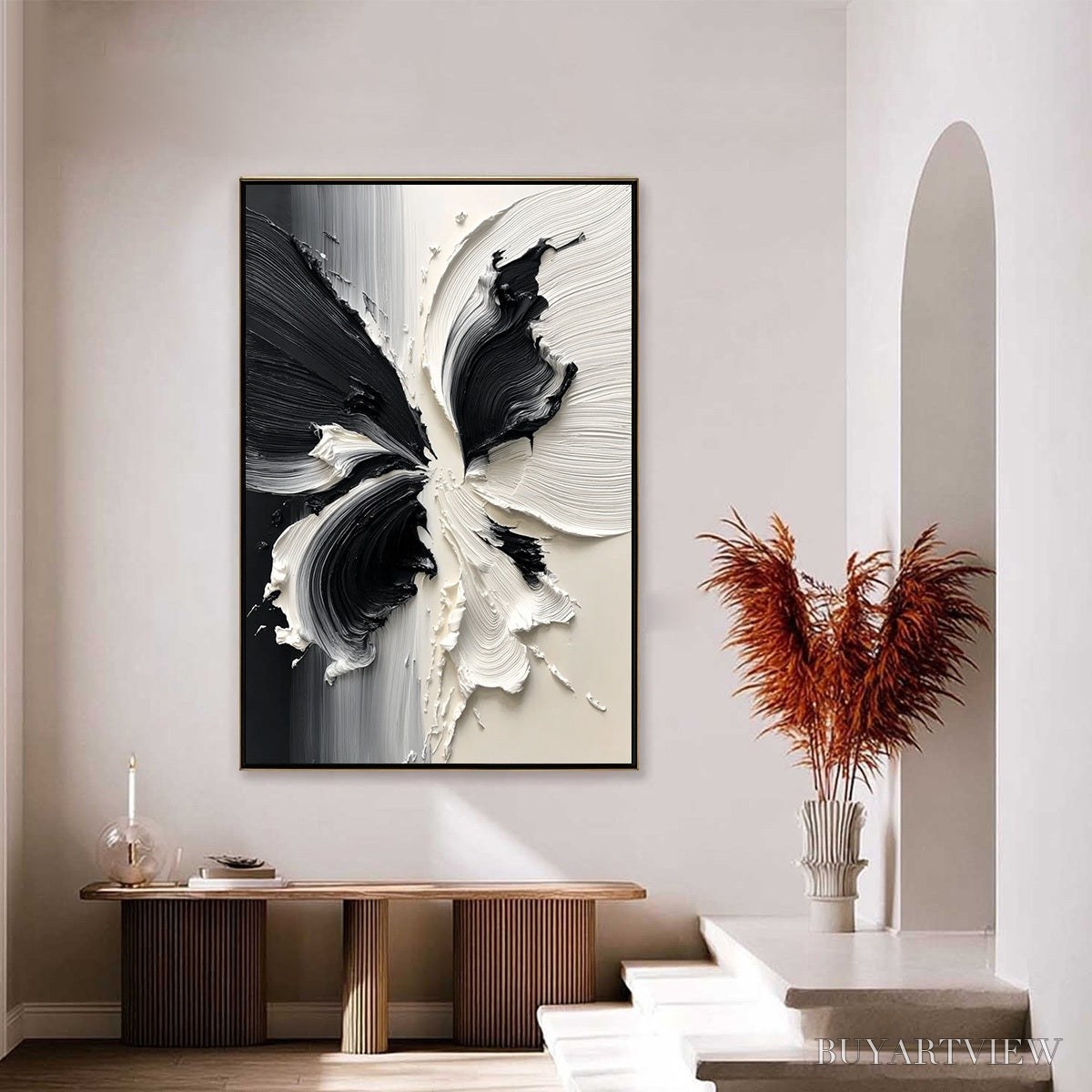 ARTOVITAS Eclosion – Black and White Wabi Sabi Textured Abstract Flower Painting - image 6