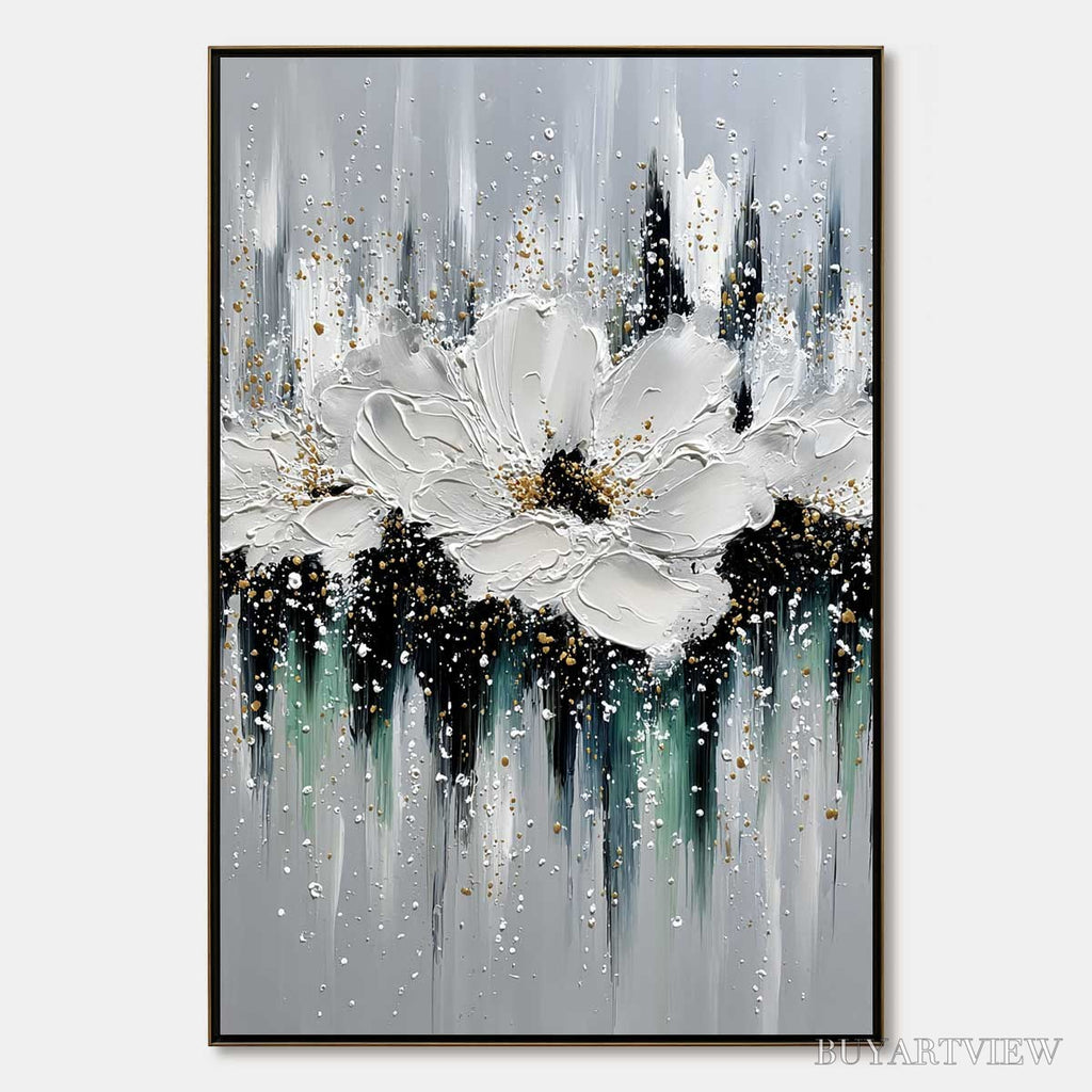 ARTOVITAS Echoes in White – Textured White Flower Impasto Oil Painting with Gold Accents - image 1