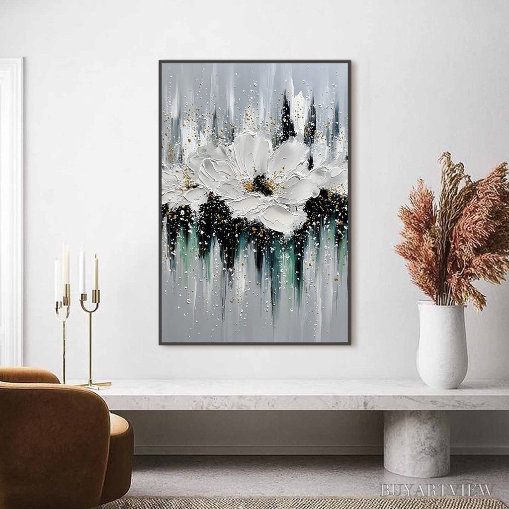 ARTOVITAS Echoes in White – Textured White Flower Impasto Oil Painting with Gold Accents - image 2