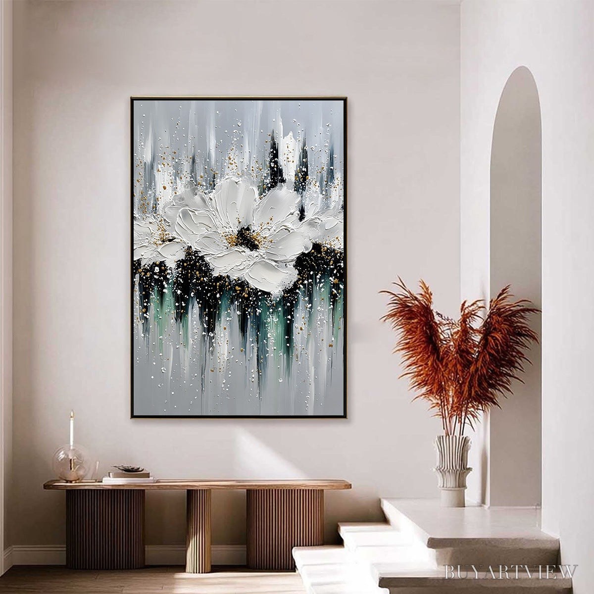 ARTOVITAS Echoes in White – Textured White Flower Impasto Oil Painting with Gold Accents - image 4