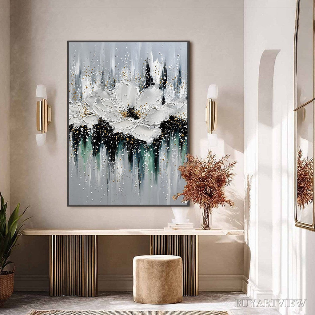 ARTOVITAS Echoes in White – Textured White Flower Impasto Oil Painting with Gold Accents - image 6