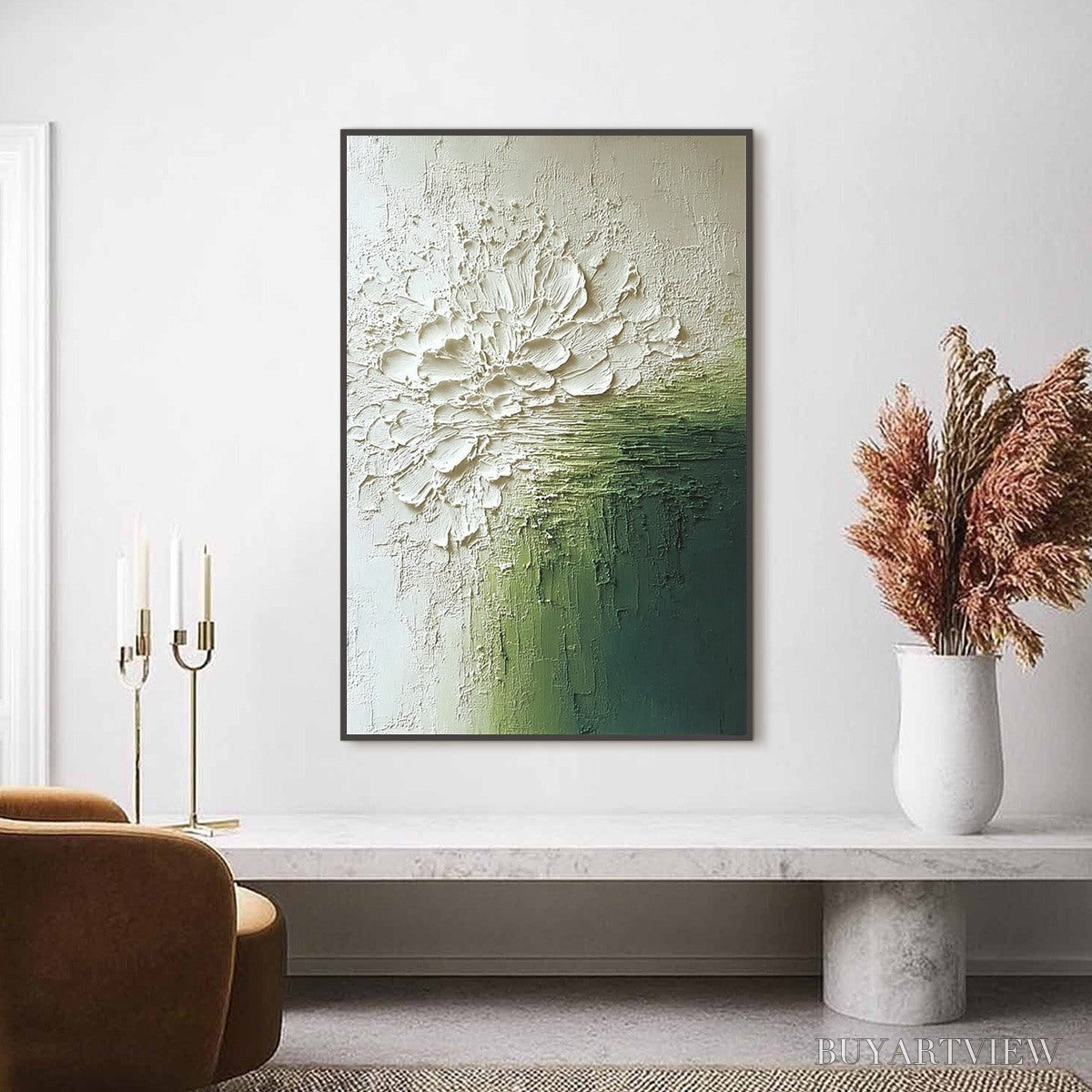 ARTOVITAS Verdant Bloom – Textured Green and White Wabi Sabi Abstract Painting - image 2