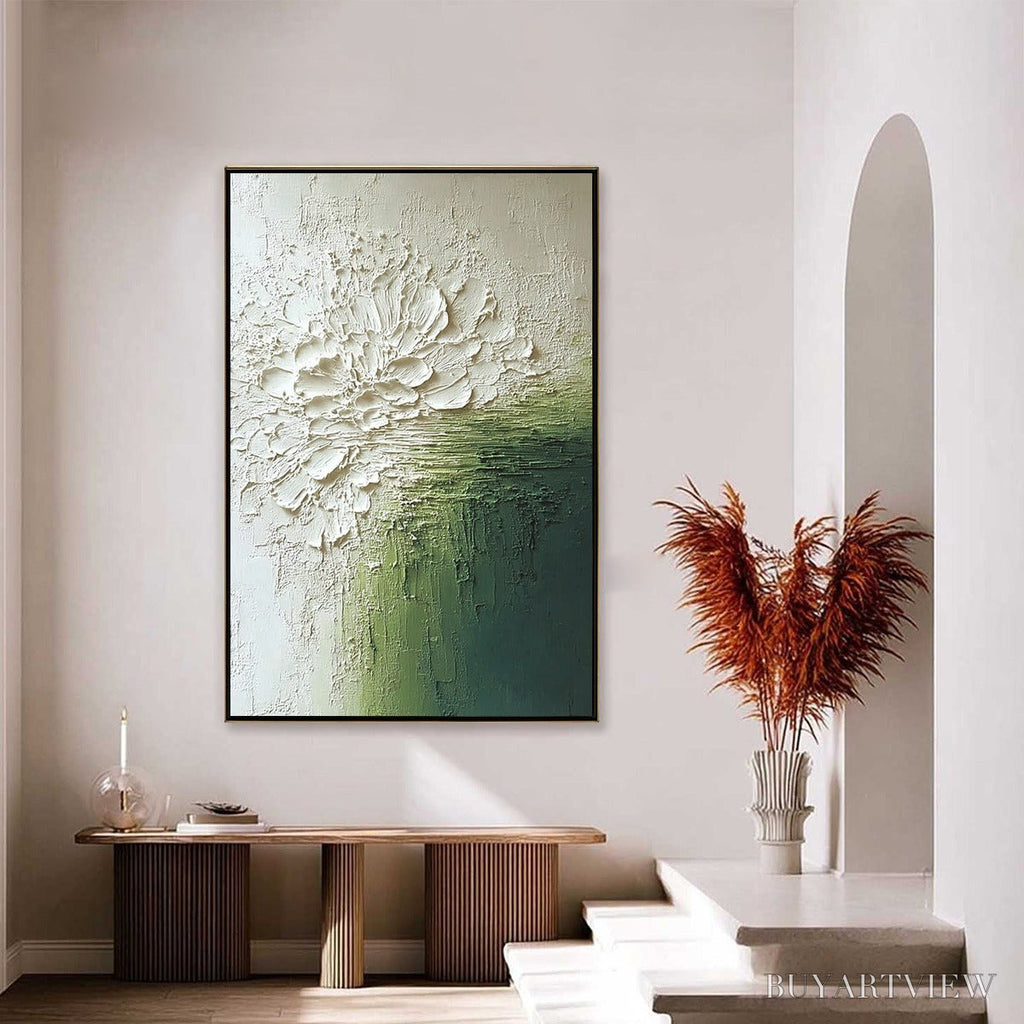 ARTOVITAS Verdant Bloom – Textured Green and White Wabi Sabi Abstract Painting - image 4