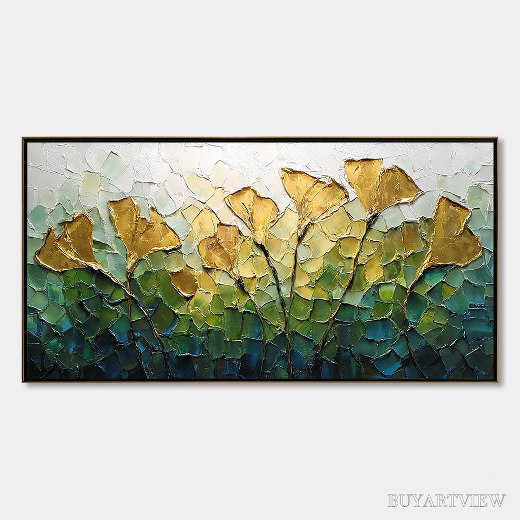 ARTOVITAS Gilded Ginkgo – Textured Golden Floral Impasto Oil Painting - image 1