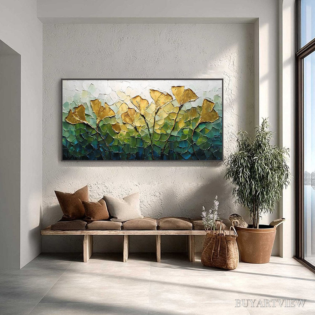 ARTOVITAS Gilded Ginkgo – Textured Golden Floral Impasto Oil Painting - image 2