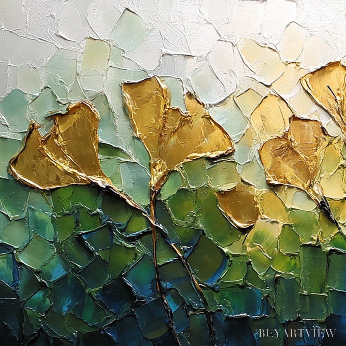ARTOVITAS Gilded Ginkgo – Textured Golden Floral Impasto Oil Painting - image 3