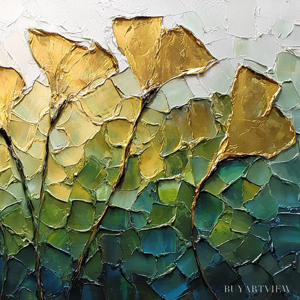 ARTOVITAS Gilded Ginkgo – Textured Golden Floral Impasto Oil Painting - image 5