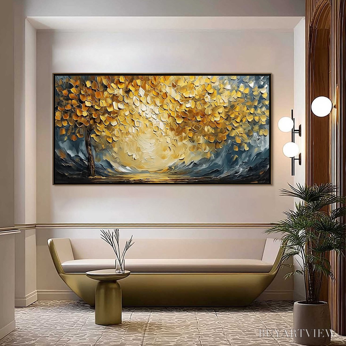 ARTOVITAS Golden Embrace – Textured Golden Leaf Tree Impasto Landscape Painting - image 2