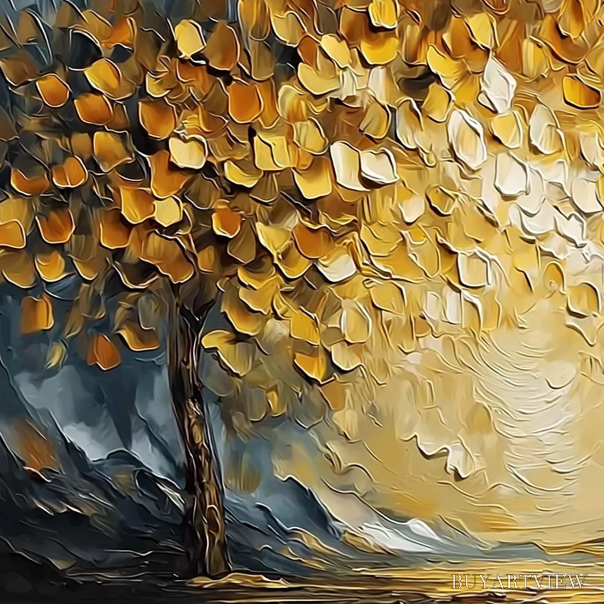 ARTOVITAS Golden Embrace – Textured Golden Leaf Tree Impasto Landscape Painting - image 3