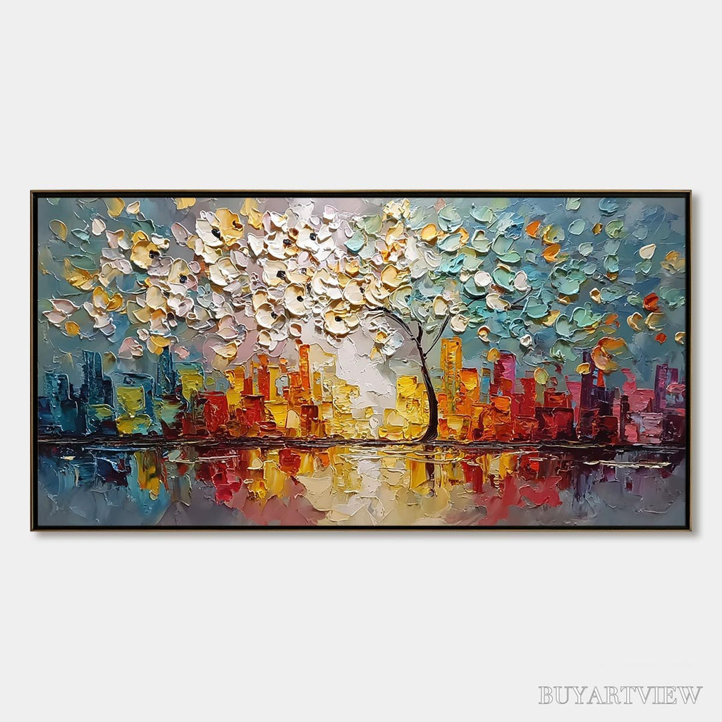 ARTOVITAS Urban Blossom – Textured Palette Knife Cityscape Reflection Painting - image 1