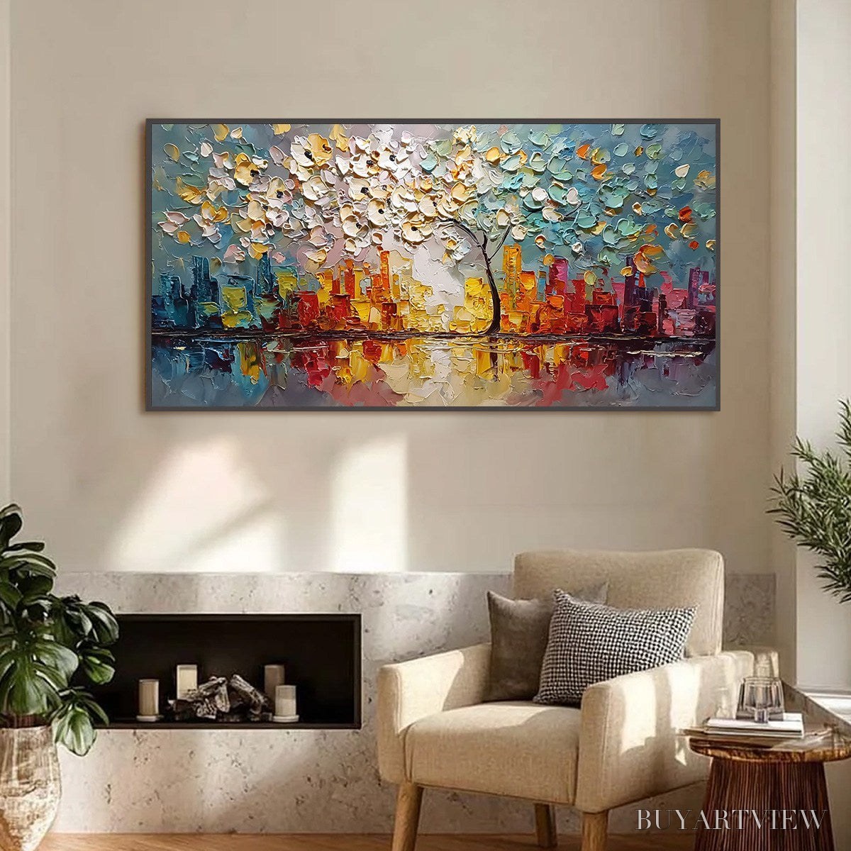 ARTOVITAS Urban Blossom – Textured Palette Knife Cityscape Reflection Painting - image 2