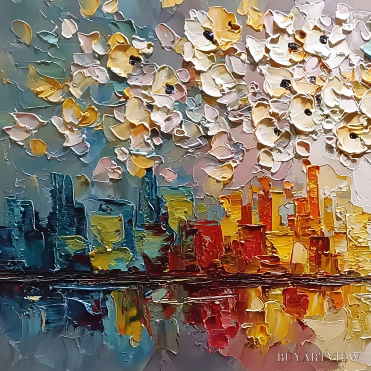 ARTOVITAS Urban Blossom – Textured Palette Knife Cityscape Reflection Painting - image 3