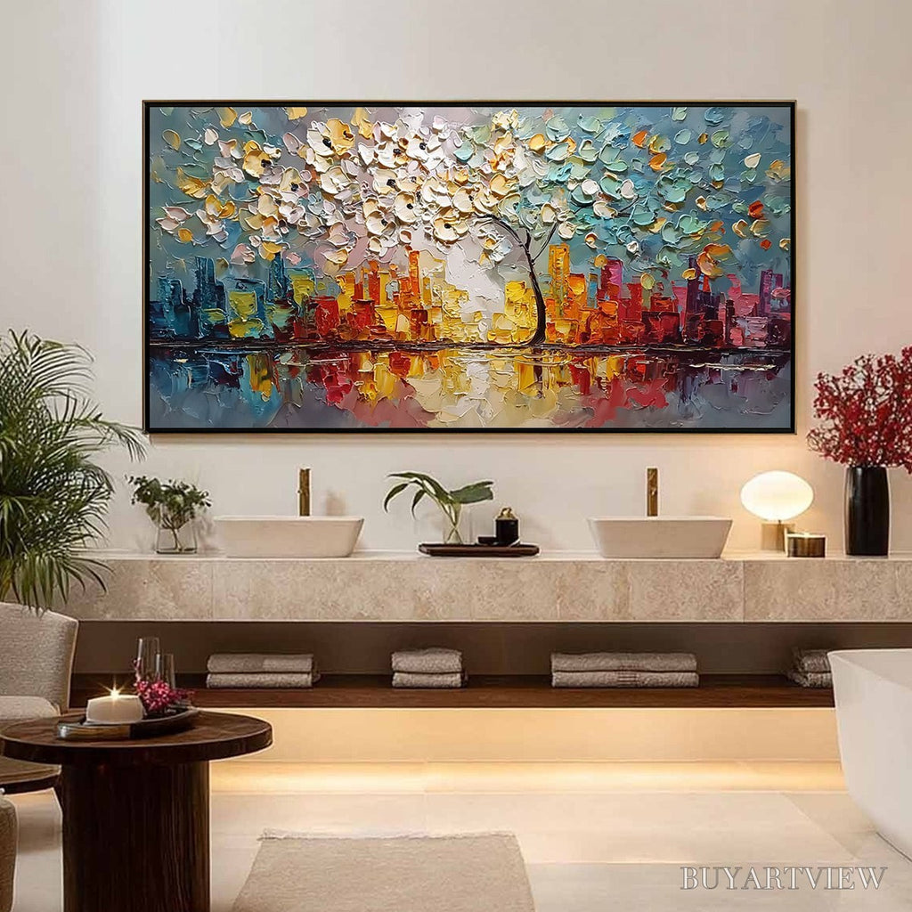 ARTOVITAS Urban Blossom – Textured Palette Knife Cityscape Reflection Painting - image 4