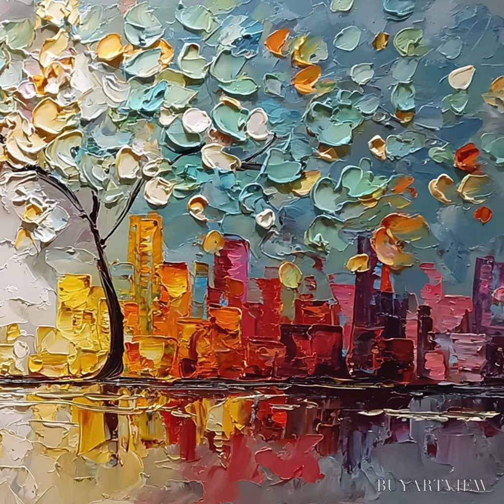 ARTOVITAS Urban Blossom – Textured Palette Knife Cityscape Reflection Painting - image 5