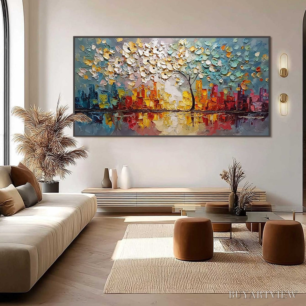 ARTOVITAS Urban Blossom – Textured Palette Knife Cityscape Reflection Painting - image 6