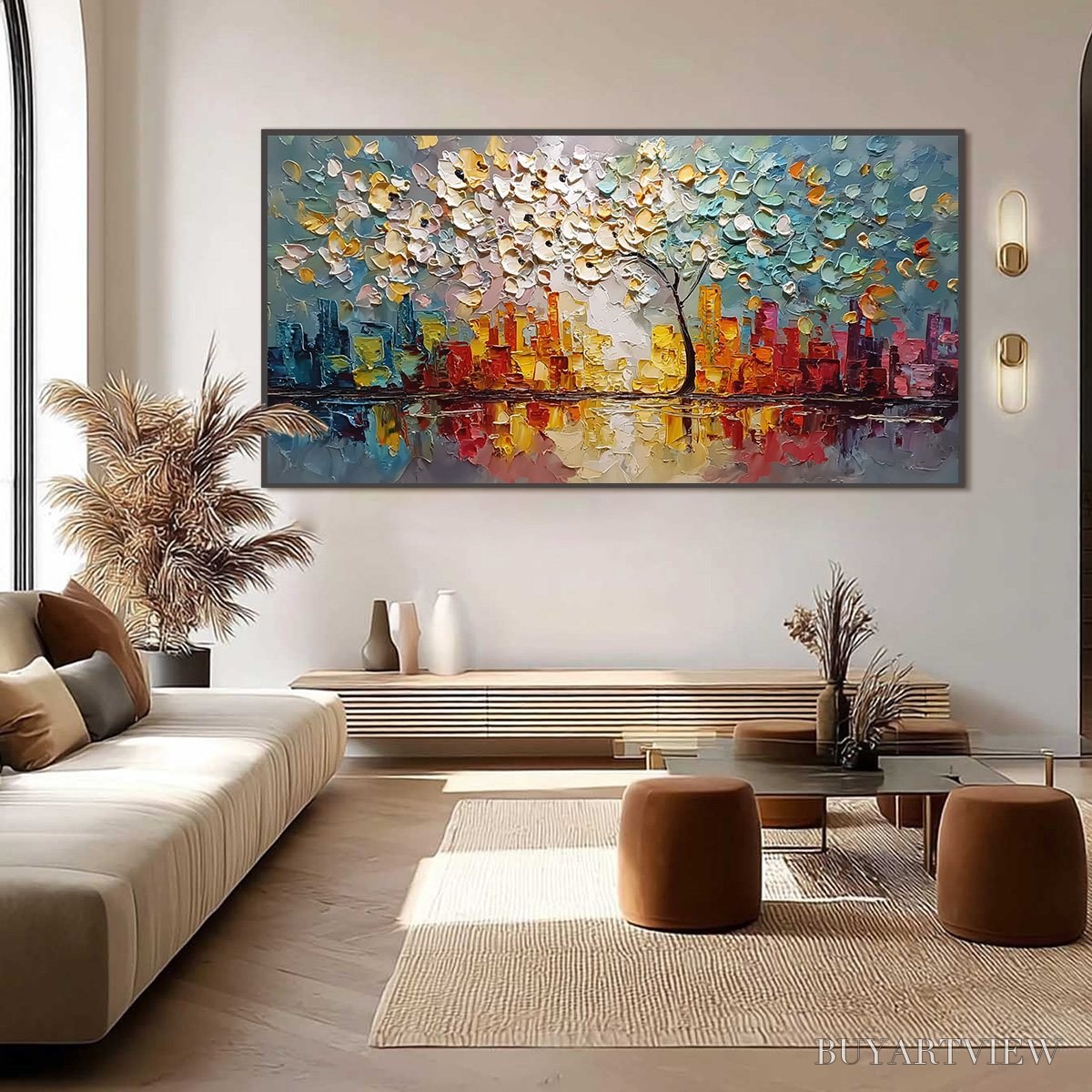 ARTOVITAS Urban Blossom – Textured Palette Knife Cityscape Reflection Painting - image 6