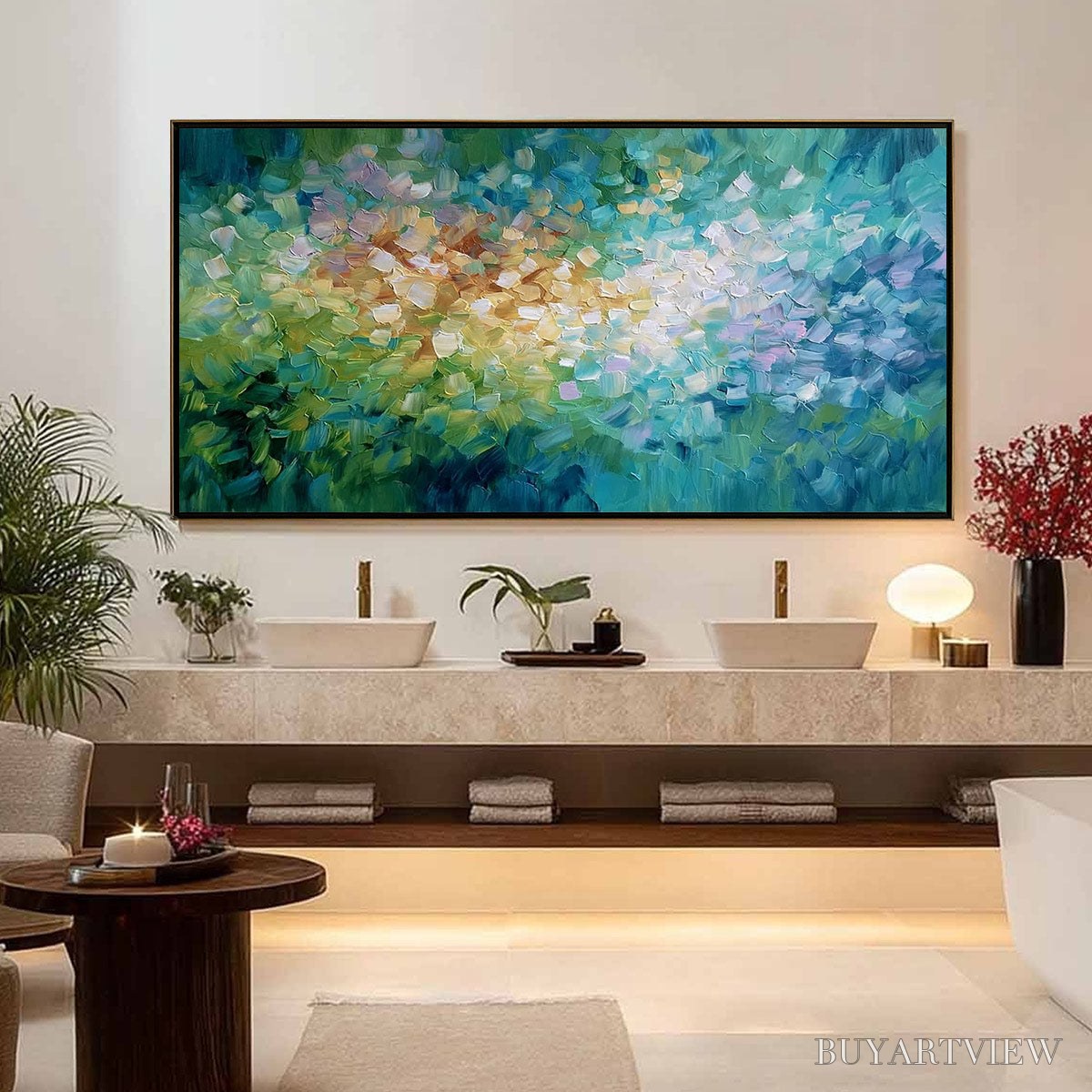 ARTOVITAS Emerald Bloom – Colorful Textured Abstract Floral Palette Knife Painting - image 4