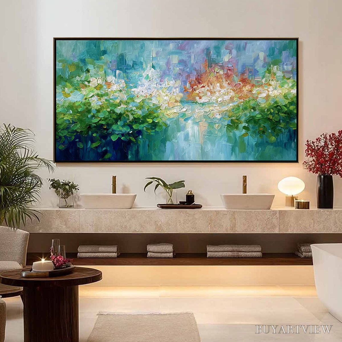 ARTOVITAS Emerald Reverie – Textured Abstract Floral Landscape Palette Knife Painting - image 4