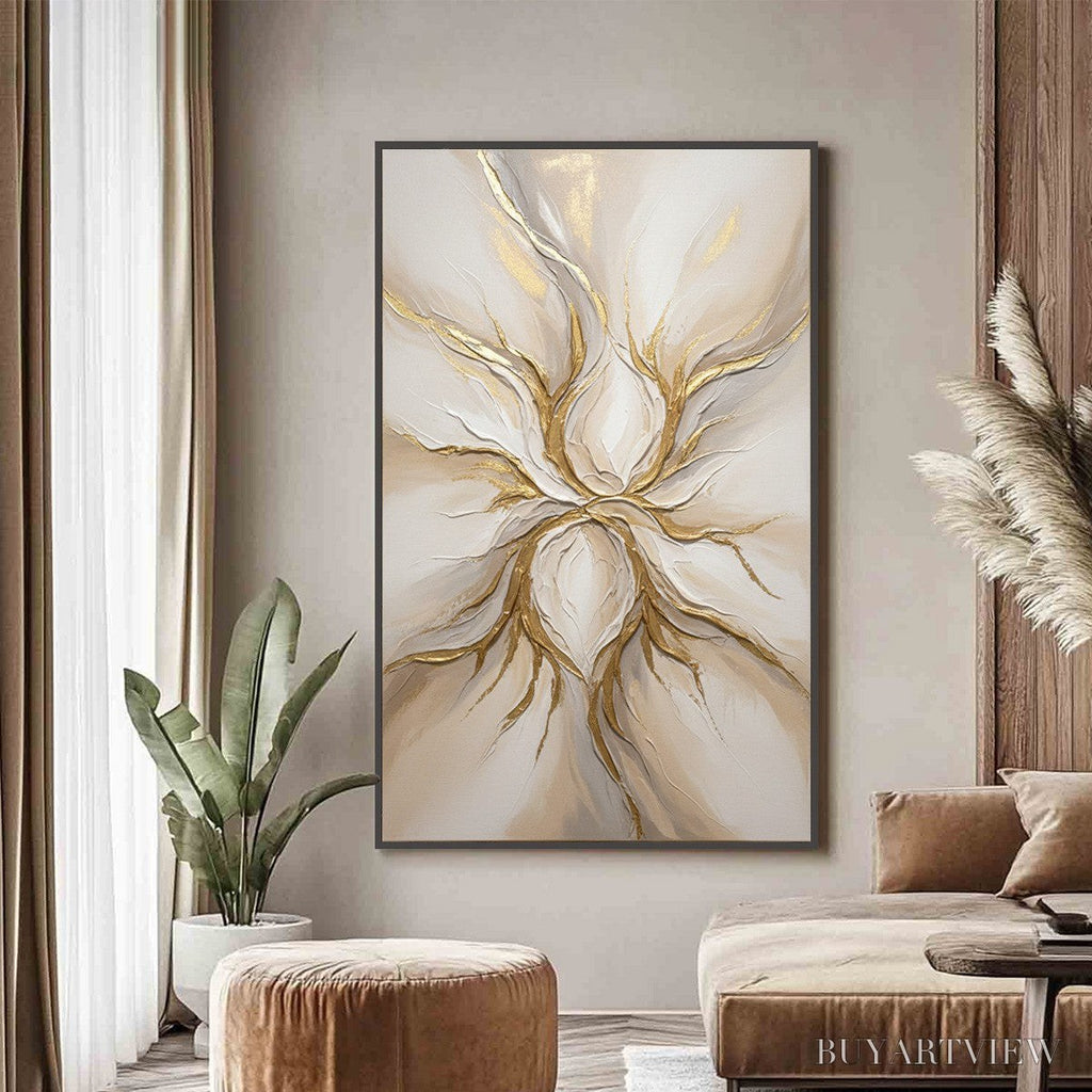 ARTOVITAS Ethereal Bloom – Textured Gold & White Abstract Floral Painting - image 2