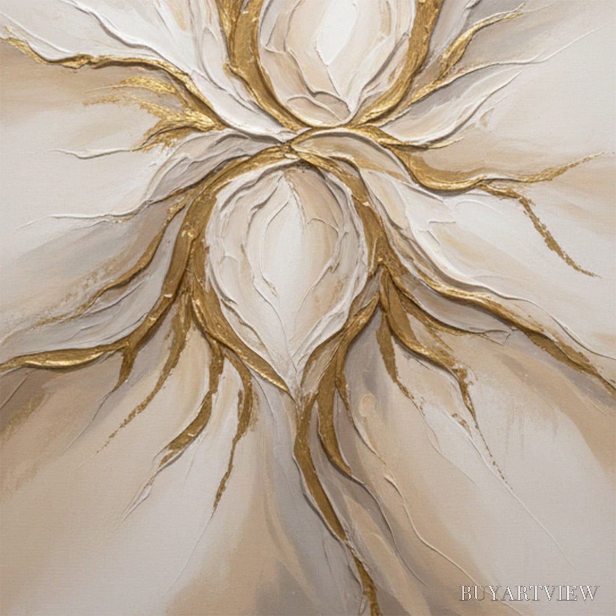 ARTOVITAS Ethereal Bloom – Textured Gold & White Abstract Floral Painting - image 3