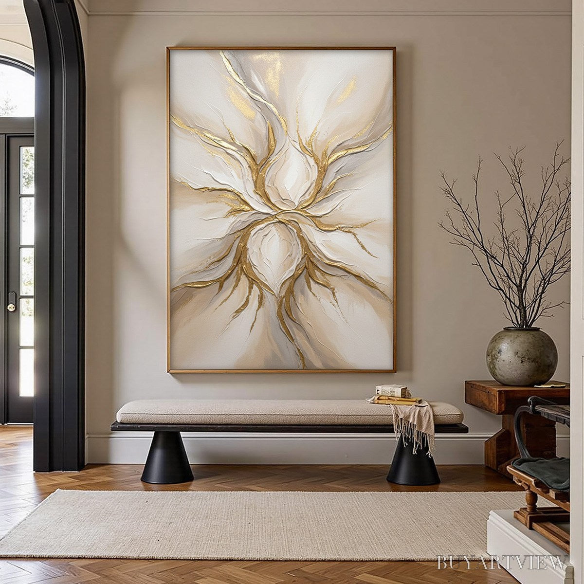 ARTOVITAS Ethereal Bloom – Textured Gold & White Abstract Floral Painting - image 4