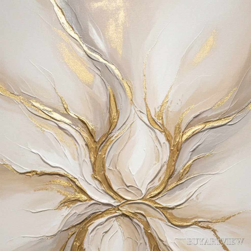 ARTOVITAS Ethereal Bloom – Textured Gold & White Abstract Floral Painting - image 5