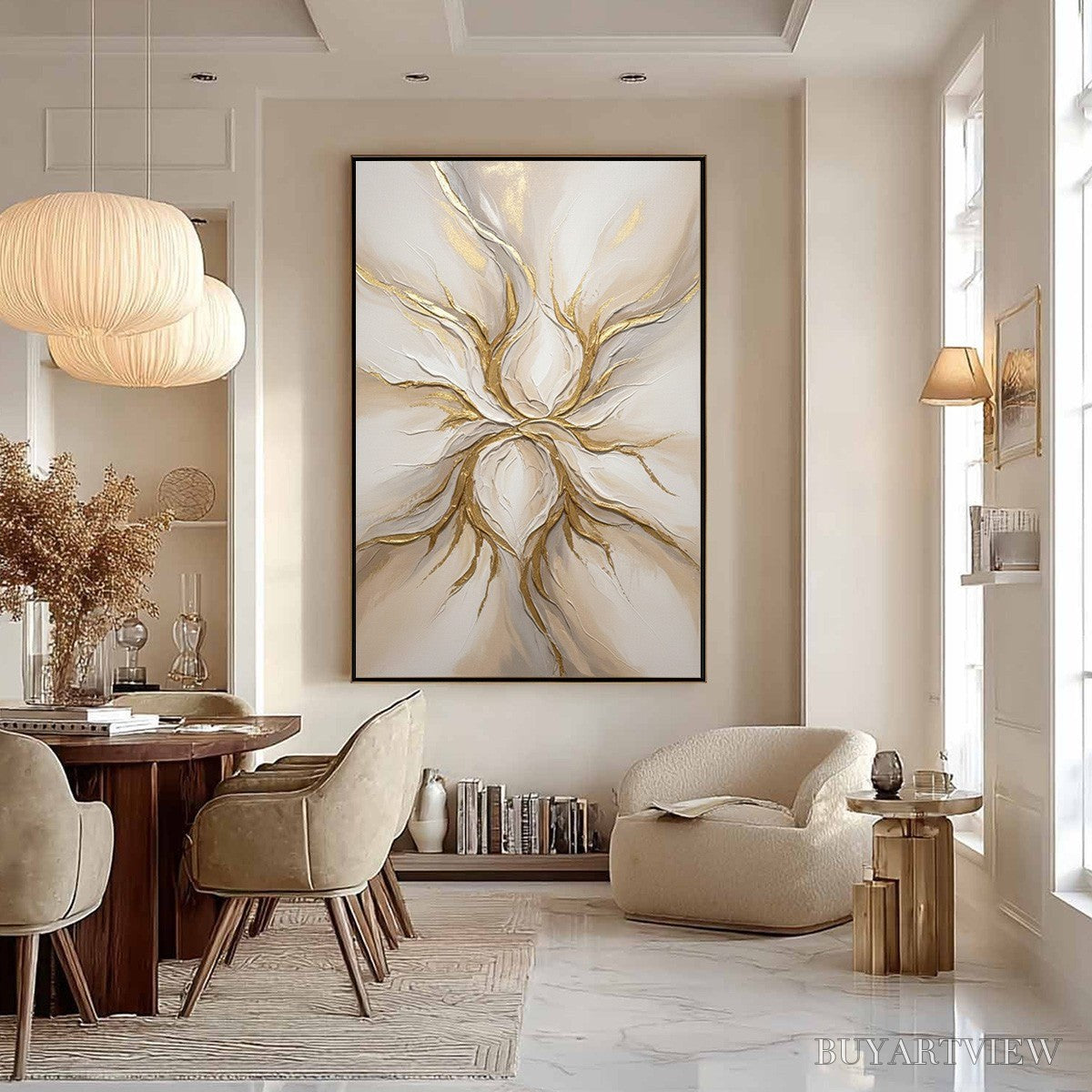 ARTOVITAS Ethereal Bloom – Textured Gold & White Abstract Floral Painting - image 6