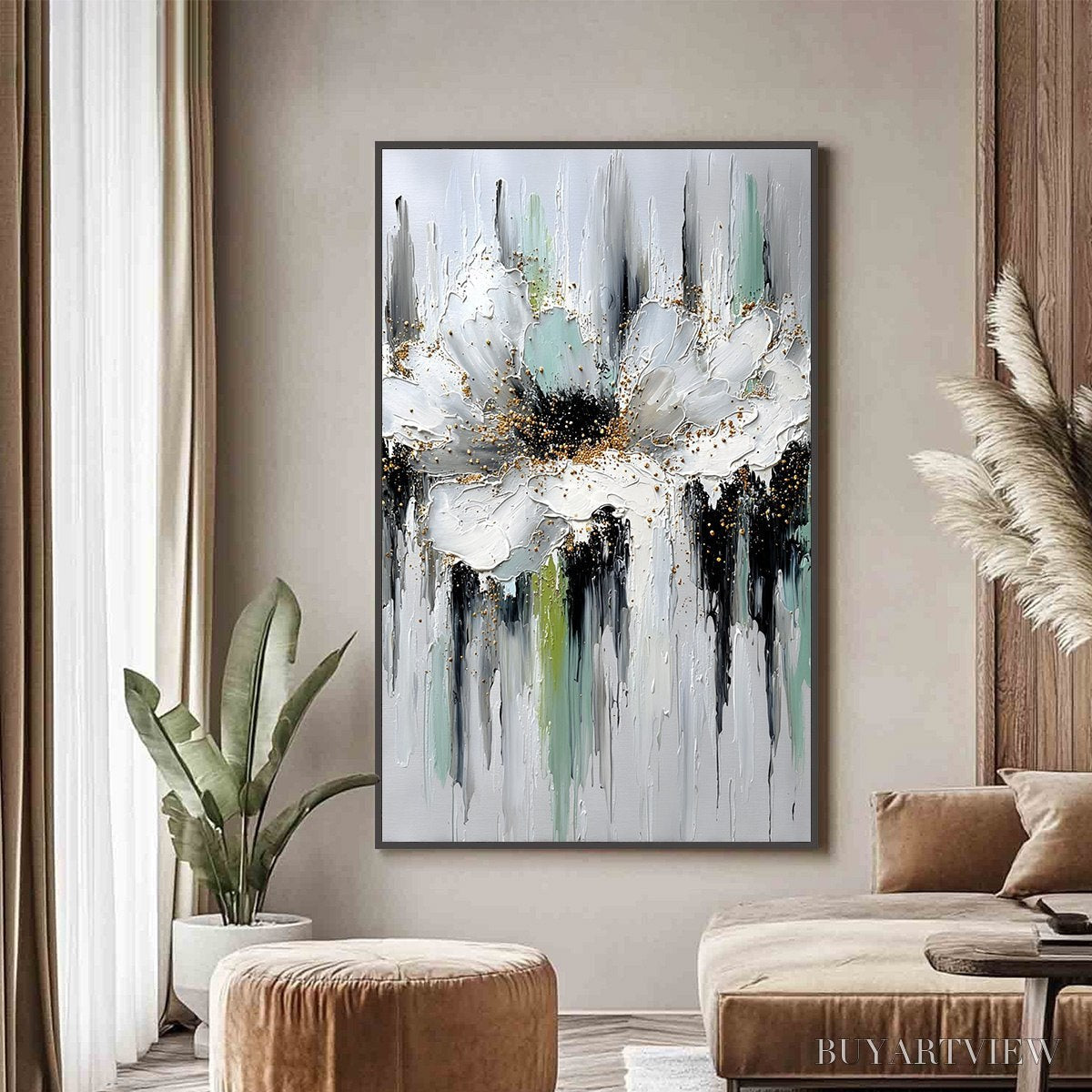 ARTOVITAS Celestial Bloom – Heavily Textured Abstract Floral Painting with Golden Accents - image 2