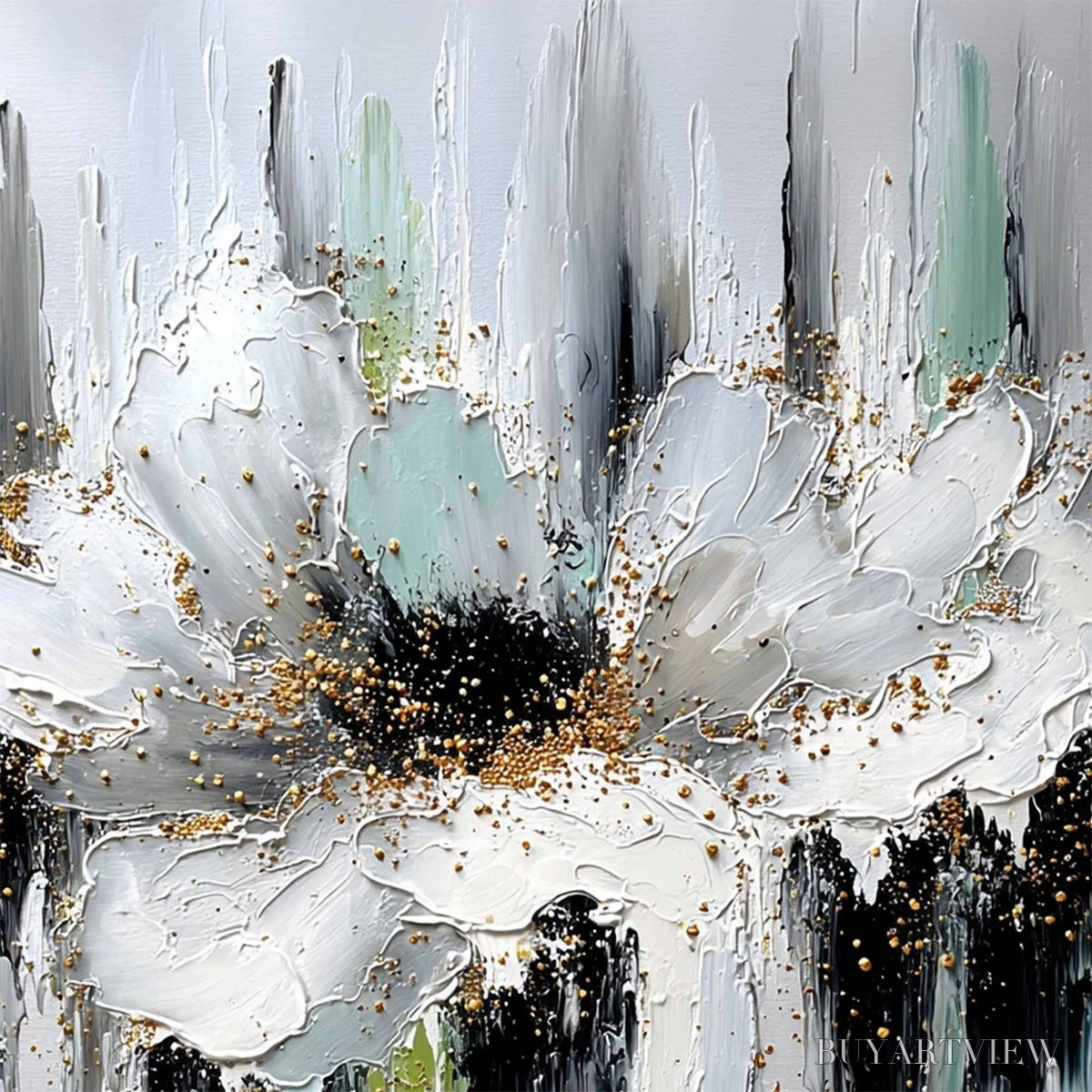 ARTOVITAS Celestial Bloom – Heavily Textured Abstract Floral Painting with Golden Accents - image 3