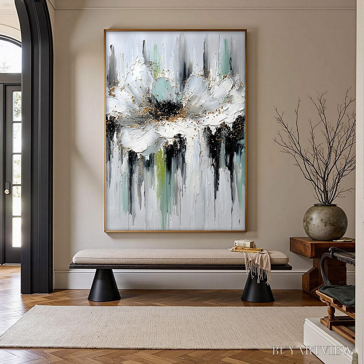 ARTOVITAS Celestial Bloom – Heavily Textured Abstract Floral Painting with Golden Accents - image 4
