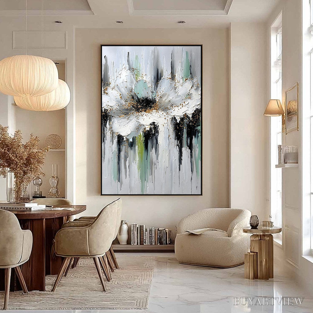 ARTOVITAS Celestial Bloom – Heavily Textured Abstract Floral Painting with Golden Accents - image 6