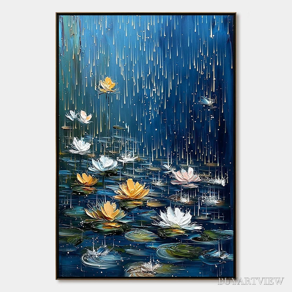 ARTOVITAS Celestial Rain – Textured Impasto Painting of Water Lilies in Rain - image 1