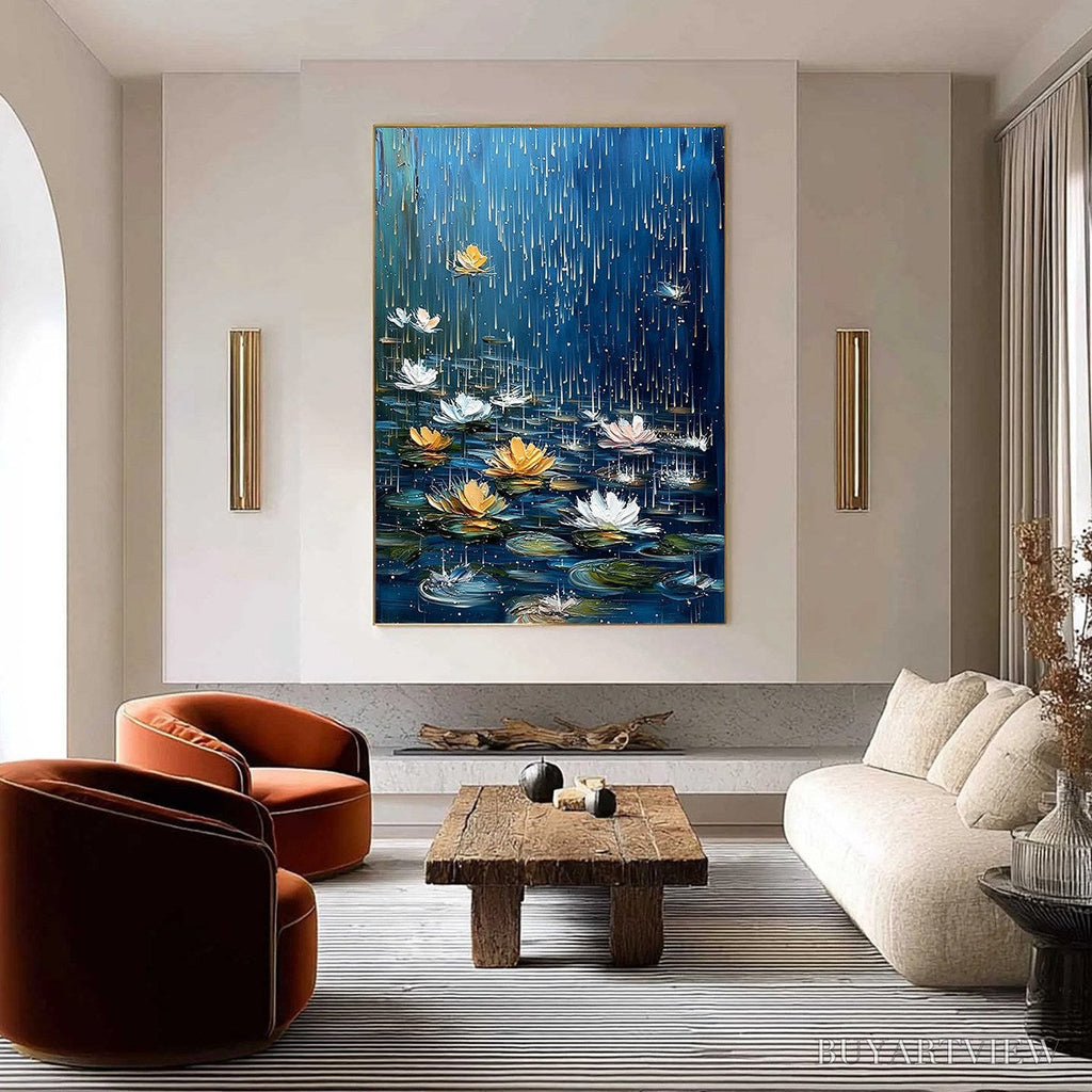 ARTOVITAS Celestial Rain – Textured Impasto Painting of Water Lilies in Rain - image 2